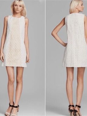 Tibi Sonoran Cotton Geometric Eyelet Overlay Shift Dress sz 6 Neutral EUC